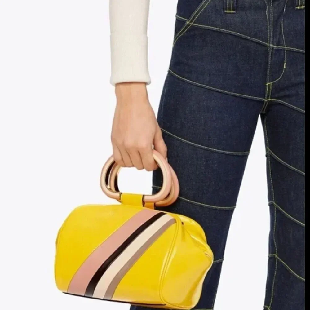 NEW! NWT! Tory Burch Half Moon Strip Mini Satchel Boston -Yellow Leather Women